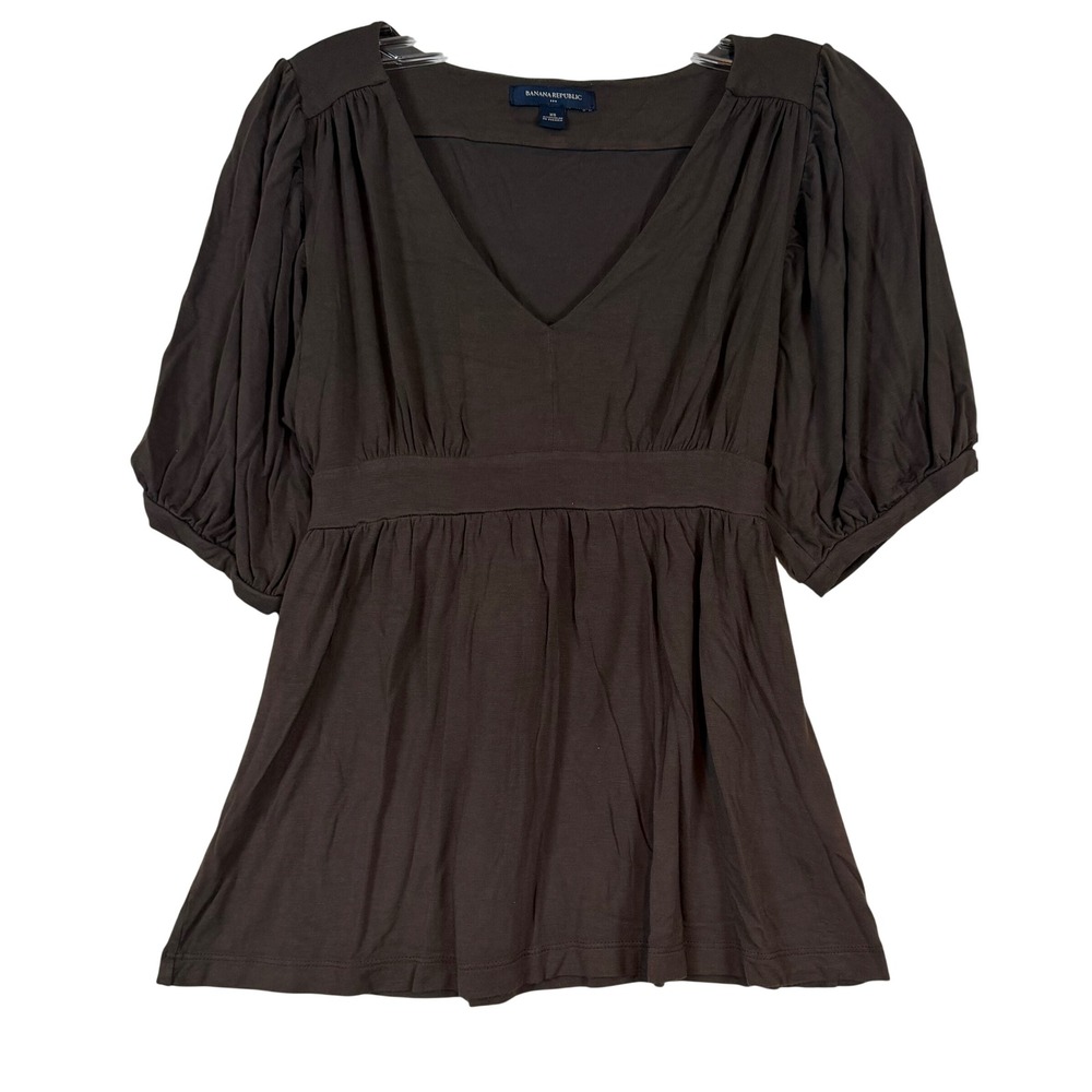 Banana Republic Women Boho Brown Empire Waist Puff Sleeve V-Neck Tie Back Top XS
